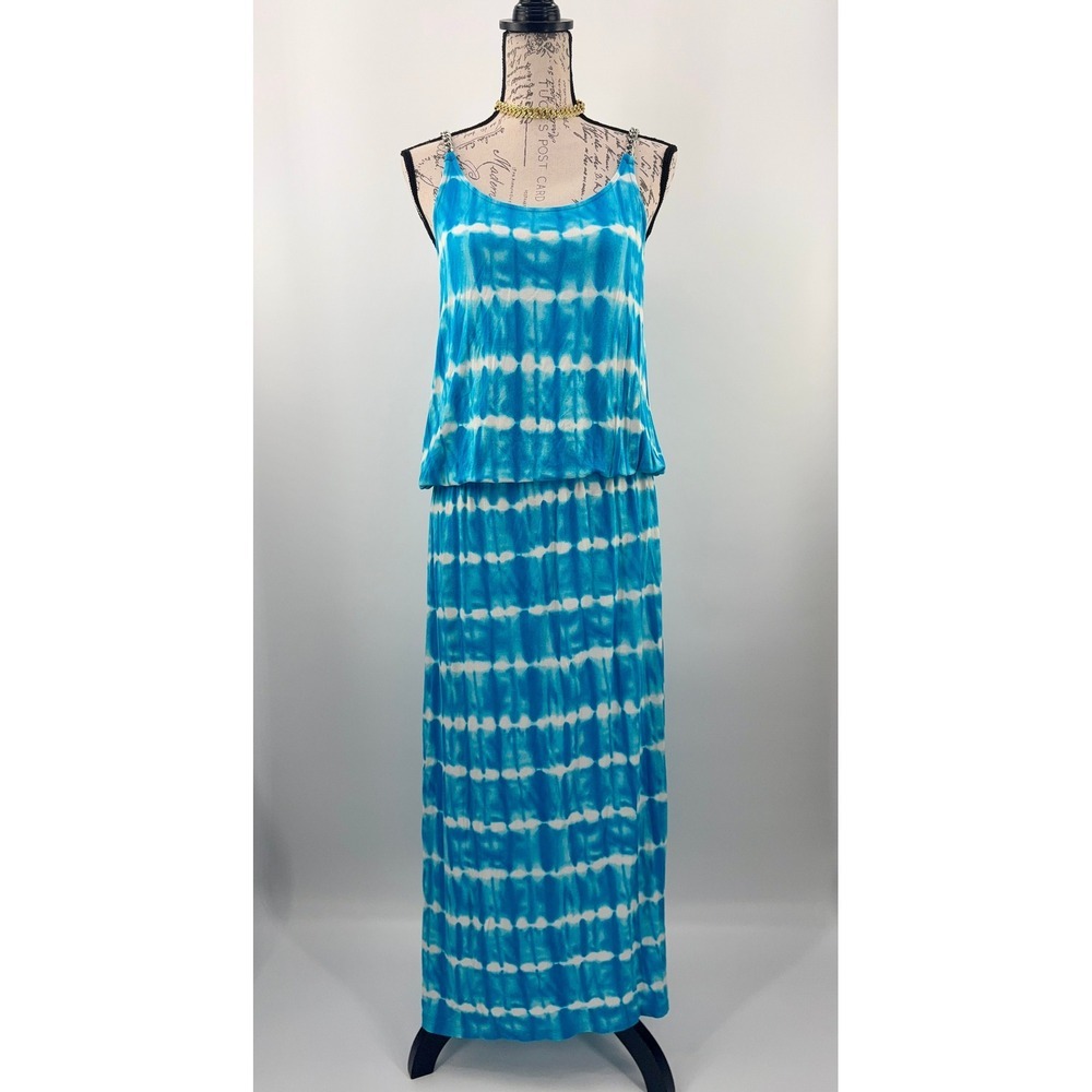Michael Kors Maxi Dress Womens L Blue Tie Dye Chain Strap Blouson Coastal Resort